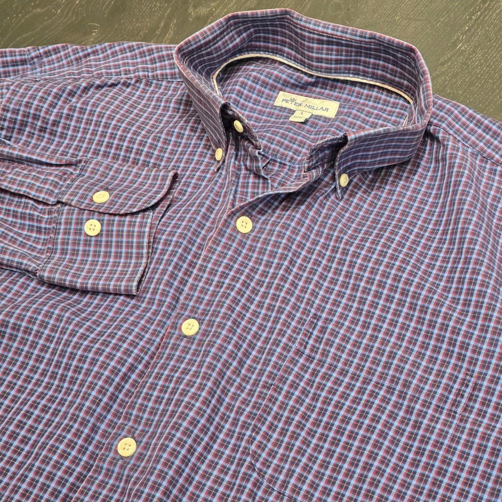 Peter Millar Mens Blue Red Plaid Button Down Shirt Large MF19W106NBL Cotton